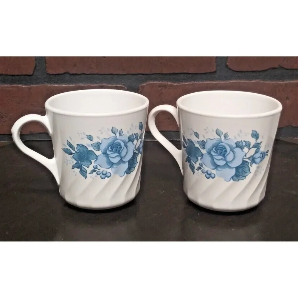 2 Vintage Corning Corelle Mugs Coffee cups Blue Velvet Rose Floral Pattern swirl